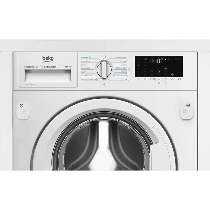 Beko Lavadora B3WBT48435WB - L x An x Al: 55 x 59,5 x 82 cm, 8 kg, 2.200 W - Lavadora de carga frontal Beko blanca con panel de control, pantalla digital y tambor visible.