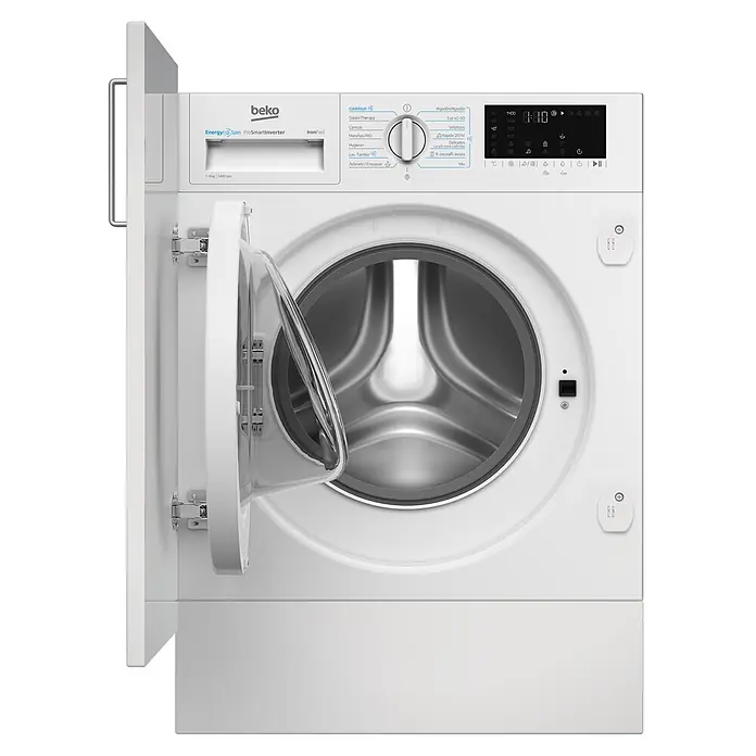 Beko Lavadora B3WBT48435WB - L x An x Al: 55 x 59,5 x 82 cm, 8 kg, 2.200 W - Lavadora Beko blanca de carga frontal con puerta abierta y panel de control.