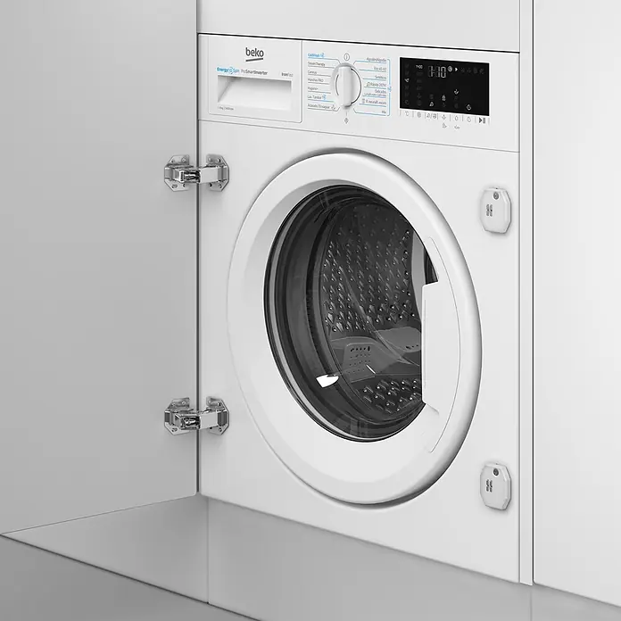 Beko Lavadora B3WBT48435WB - L x An x Al: 55 x 59,5 x 82 cm, 8 kg, 2.200 W - Lavadora Beko blanca de carga frontal, integrada en un armario, con panel de control visible y bisagras abiertas.