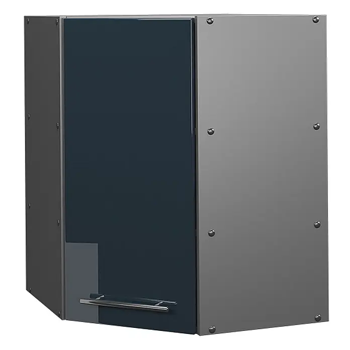 Vicco Schrankküche Fame-Line Dunkelblau Hochglanz - Dunkelblau Hochglanz, Eckhängeschrank 57 cm - Dunkelblauer und hellgrauer Modulschrank mit Metallgriff und sichtbaren Nieten.