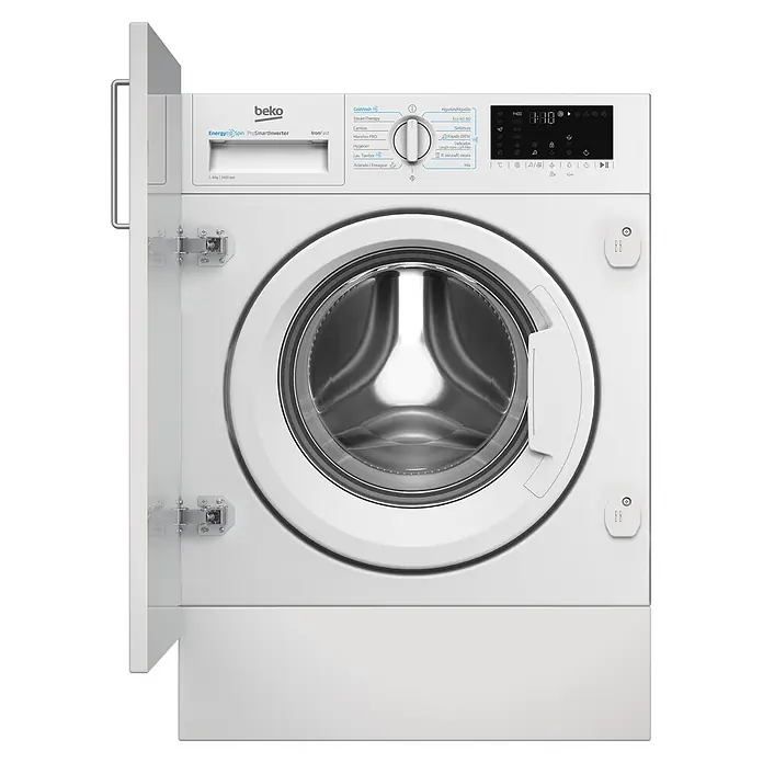 Beko Lavadora B3WBT48435WB - L x An x Al: 55 x 59,5 x 82 cm, 8 kg, 2.200 W - Lavadora de carga frontal Beko blanca con pantalla digital, dial de control y puerta del armario abierta.