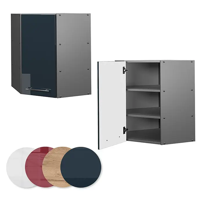 Vicco Schrankküche Fame-Line Bordeaux Hochglanz - Bordeaux Hochglanz, Eckhängeschrank 57 cm - Modulares Wandschrank-Set mit dunkelblauen und weißen Türen, silbernen Korpi und Innenböden. Inklusive Farb-/Materialmuster.