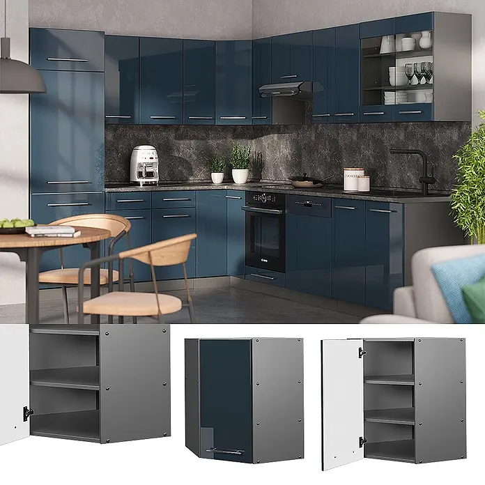 Vicco Schrankküche Fame-Line Dunkelblau Hochglanz - Dunkelblau Hochglanz, Eckhängeschrank 57 cm - Moderne, glänzende dunkelblaue Küchenschränke mit silbernen Griffen, in funktionaler Eckanordnung.