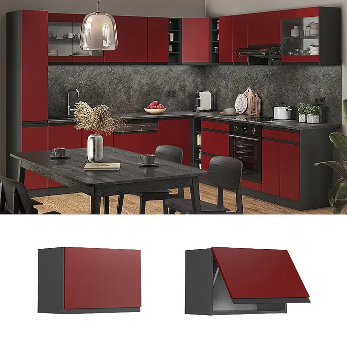 Vicco Hängeschrank R-Line, Rot, 60 cm -  - Roter und dunkelgrauer Oberschrank, geschlossen und mit Klapptür. Teil eines modernen Küchensystems.