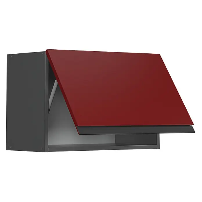 Vicco Hängeschrank R-Line, Rot, 60 cm -  - Dunkelgrauer Wandschrank mit offener, roter Klapptür, die einen Hebemechanismus zeigt.
