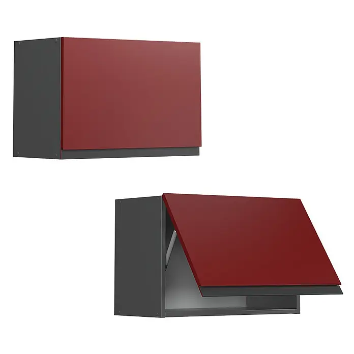 Vicco Hängeschrank R-Line, Rot, 60 cm -  - Zwei dunkelgraue Küchenhängeschränke mit roten Fronten; einer geschlossen, einer offen mit Klapptürmechanismus.