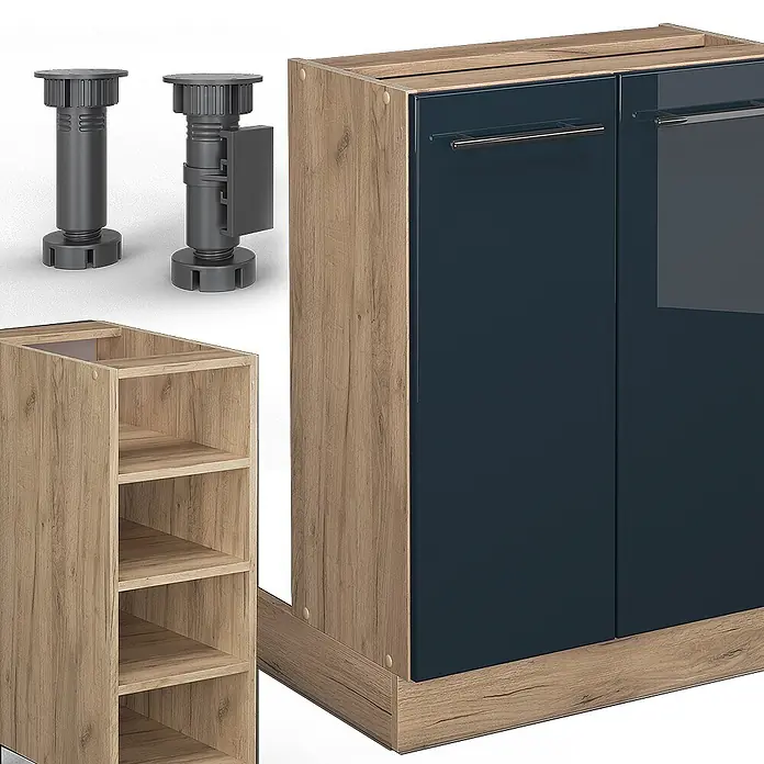 Vicco Inselküche Fame-Line Dunkelblau Hochglanz ohne Arbeitsplatte - Breite: 90 cm, Dunkelblau Hochglanz, Ohne Elektrogeräte - Modulare Küchenteile: dunkelblauer Schrank mit Holzoptikrahmen, offenes Regal und zwei dunkelgraue verstellbare Möbelfüße.
