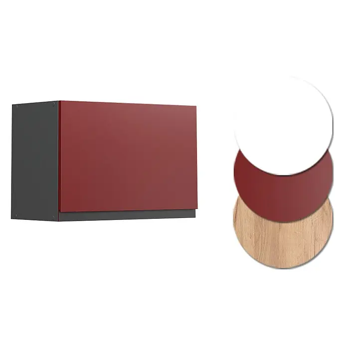 Vicco Hängeschrank R-Line, Rot, 60 cm -  - Schrank mit roter Tür und dunkelgrauem Korpus, daneben Materialmuster in Weiß, Rot und Holzoptik.
