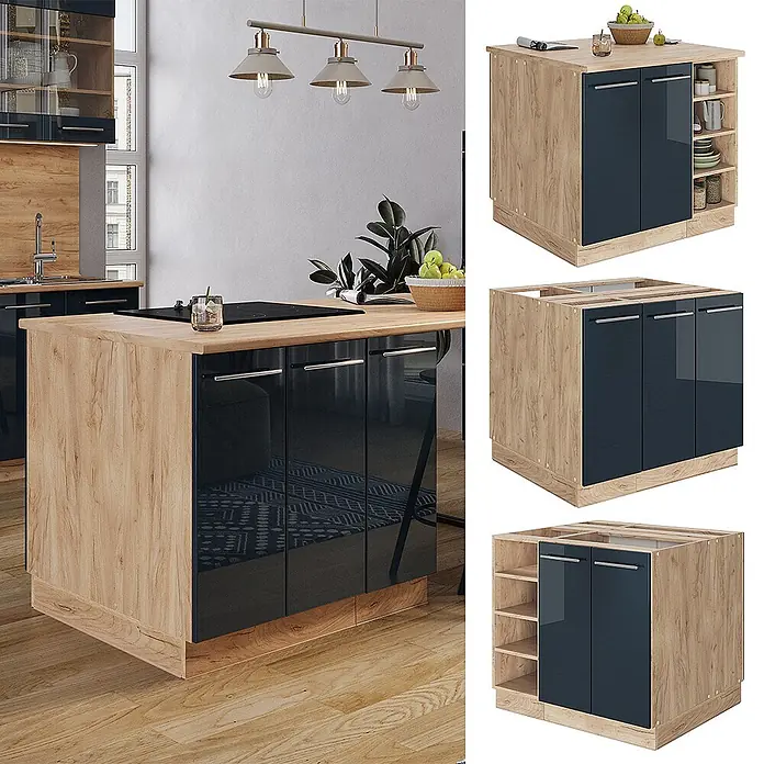 Vicco Inselküche Fame-Line Dunkelblau Hochglanz ohne Arbeitsplatte - Breite: 90 cm, Dunkelblau Hochglanz, Ohne Elektrogeräte - Kücheninsel aus Holz mit dunkelblauen Hochglanz-Schranktüren, integriertem Kochfeld und offenen Regalen.