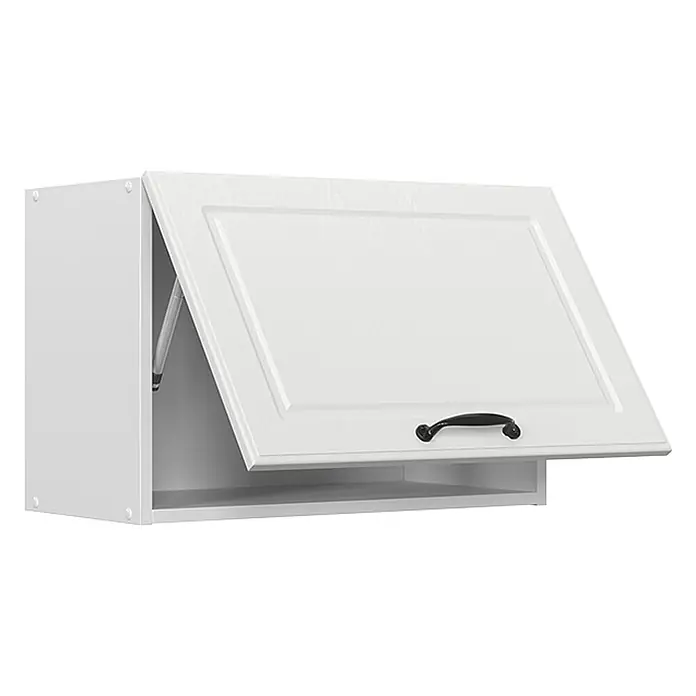 Vicco Schrankküche R-Line Weiß Landhaus Flach - Weiß Landhaus, Hängeschrank 60 cm (flach) - Weißer Küchenoberschrank mit Kassettenfront, per Gasdruckfeder geöffnet, und schwarzem Griff.