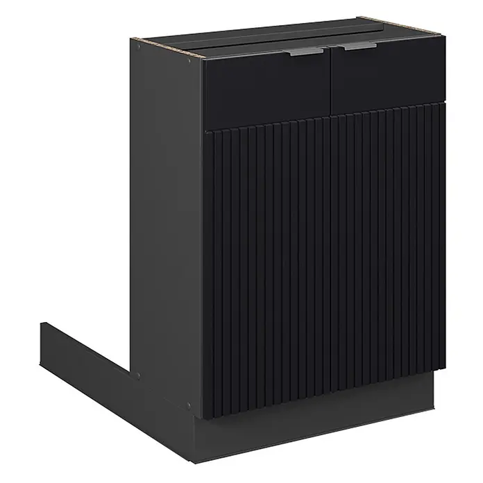 Vicco Inselküche Fame-Line Schwarz gestreift ohne Arbeitsplatte - Schwarz gestreift, Ohne Elektrogeräte - Dunkelgrauer Küchenunterschrank mit zwei oberen Schubladen und gerippter Frontblende.