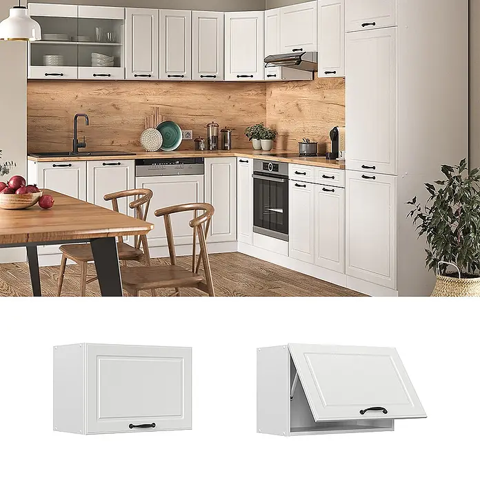 Vicco Schrankküche R-Line Weiß Landhaus Flach - Weiß Landhaus, Hängeschrank 60 cm (flach) - Weißer Hängeschrank für die Küche mit Zierleisten und schwarzem Griff, geschlossen und mit geöffneter Klapptür.