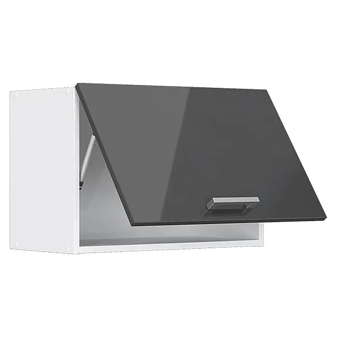 Vicco Schrankküche R-Line Anthrazit Hochglanz Flach - Anthrazit Hochglanz, Hängeschrank 60 cm (flach) - Weißer Hängeschrank mit dunkelgrauer, glänzender Klapptür, silbernem Griff und Gasdruckfeder.