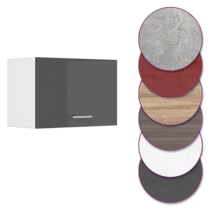 Vicco Schrankküche R-Line Anthrazit Hochglanz Flach - Anthrazit Hochglanz, Hängeschrank 60 cm (flach) - Küchen-Wandschrank mit dunkelgrauer Tür, weißen Seiten, Metallgriff. Farbmuster zeigen weitere Oberflächen.