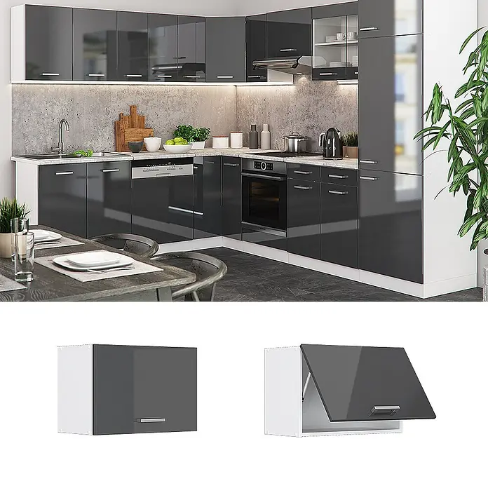 Vicco Schrankküche R-Line Anthrazit Hochglanz Flach - Anthrazit Hochglanz, Hängeschrank 60 cm (flach) - Moderne Küche in Dunkelgrau Hochglanz mit weißen Korpusse, inkl. Hängeschrank mit Klapptür.