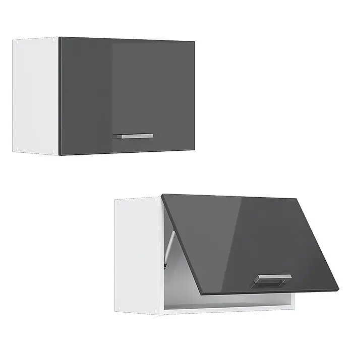 Vicco Schrankküche R-Line Anthrazit Hochglanz Flach - Anthrazit Hochglanz, Hängeschrank 60 cm (flach) - Grau-weißer Hängeschrank mit Klapptür, geschlossen und geöffnet dargestellt.