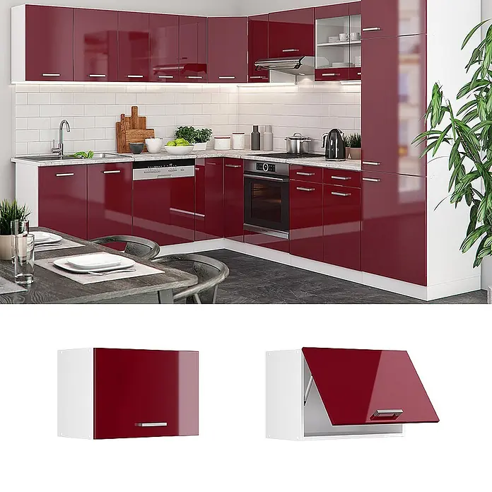 Vicco Schrankküche R-Line Rot Hochglanz Flach - Rot Hochglanz, Hängeschrank 60 cm (flach) - Moderne Küche mit glänzenden roten Unter- und Oberschränken und weißen Arbeitsplatten.