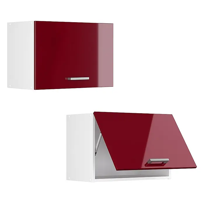 Vicco Schrankküche R-Line Rot Hochglanz Flach - Rot Hochglanz, Hängeschrank 60 cm (flach) - Weißer Wandschrank mit glänzender roter Tür, geschlossen und offen mit Gasdruckfeder gezeigt.