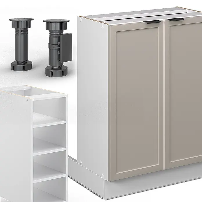Vicco Inselküche Fame-Line GrauBeige ohne Arbeitsplatte - Breite: 90 cm, GrauBeige, Ohne Elektrogeräte - Modulare Küchenschrankkomponenten: verstellbare dunkelgraue Beine, weißer Unterschrank mit beigen Türen und ein weißes offenes Regal.