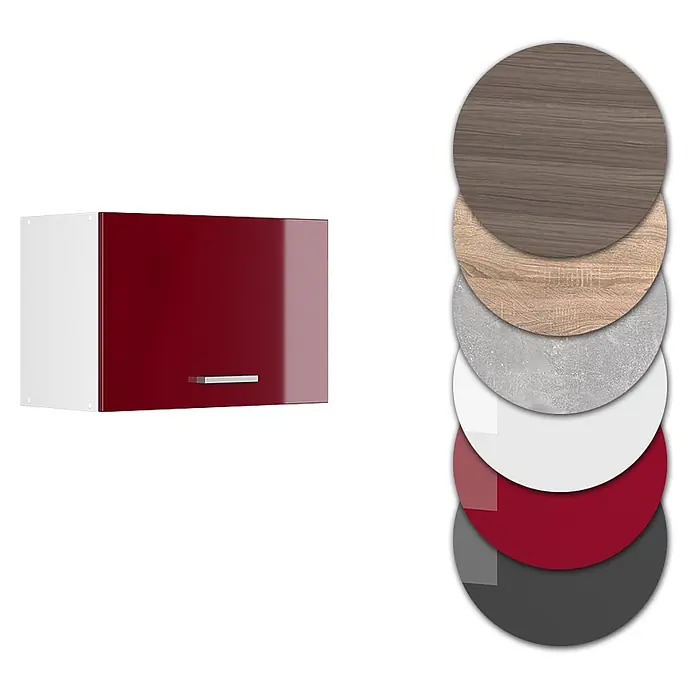 Vicco Schrankküche R-Line Rot Hochglanz Flach - Rot Hochglanz, Hängeschrank 60 cm (flach) - Küchenhängeschrank mit glänzender roter Tür, weißem Korpus und Griff, mit Materialmustern.