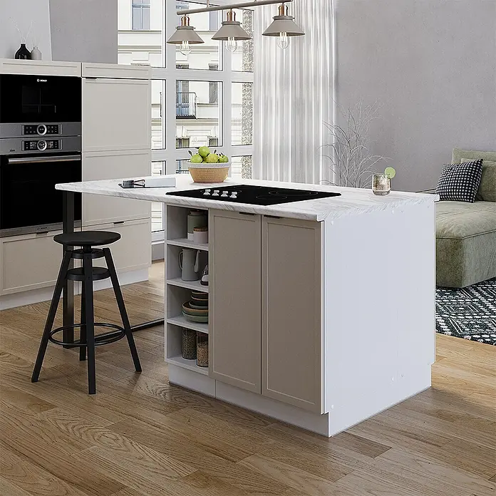 Vicco Inselküche Fame-Line GrauBeige ohne Arbeitsplatte - Breite: 90 cm, GrauBeige, Ohne Elektrogeräte - Moderne Kücheninsel mit weißer Marmorplatte, schwarzem Induktionskochfeld, hellbeigen Schränken & offenen Regalen. Inklusive schwarzem Barhocker in heller Küche.
