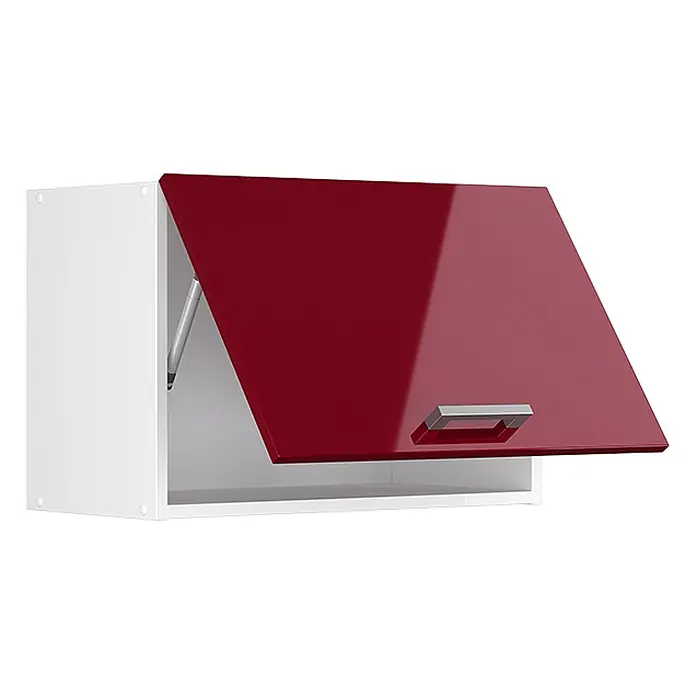 Vicco Schrankküche R-Line Rot Hochglanz Flach - Rot Hochglanz, Hängeschrank 60 cm (flach) - Weißer Küchenoberschrank mit glänzender roter Klapptür und Gasdruckfeder.