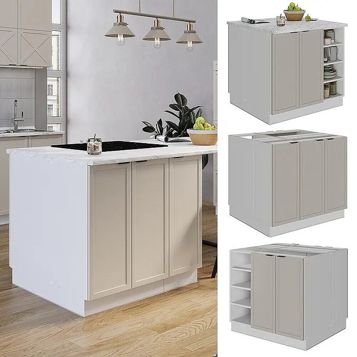 Vicco Inselküche Fame-Line GrauBeige ohne Arbeitsplatte - Breite: 90 cm, GrauBeige, Ohne Elektrogeräte - Moderne Kücheninsel mit weißer Marmor-Arbeitsplatte, beigen Türen und Seitenregalen, dargestellt in einer Küche mit separaten Bauteilansichten.