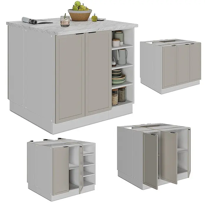 Vicco Inselküche Fame-Line GrauBeige ohne Arbeitsplatte - Breite: 90 cm, GrauBeige, Ohne Elektrogeräte - Hellgraue modulare Kücheninsel mit helltaupe Türen, weißer Marmor-Arbeitsplatte und offenen Regalen, in verschiedenen Ansichten gezeigt.