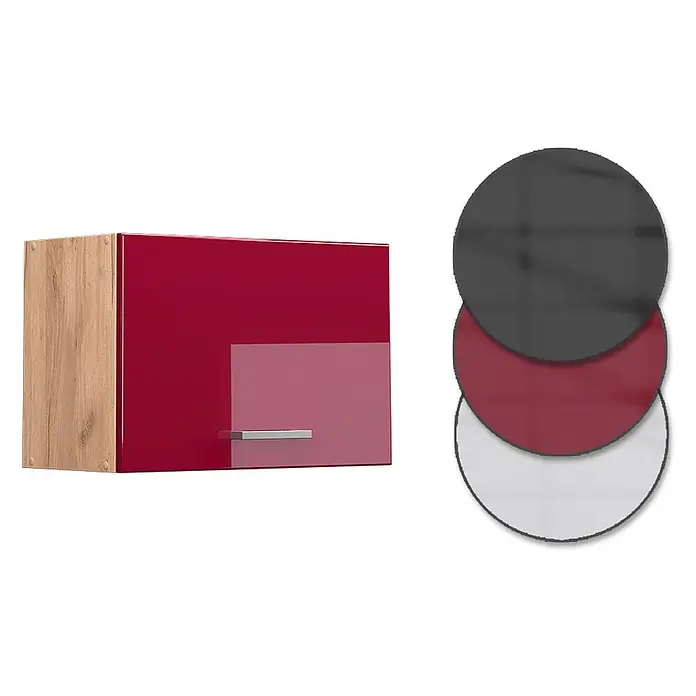 Vicco Schrankküche R-Line Rot Hochglanz Flach - Breite: 60 cm, Rot Hochglanz, Hängeschrank 60 cm (flach) - Roter Hochglanz-Küchenhängeschrank mit heller Holzoptik-Seitenwand, silbernem Griff und Farbmustern.