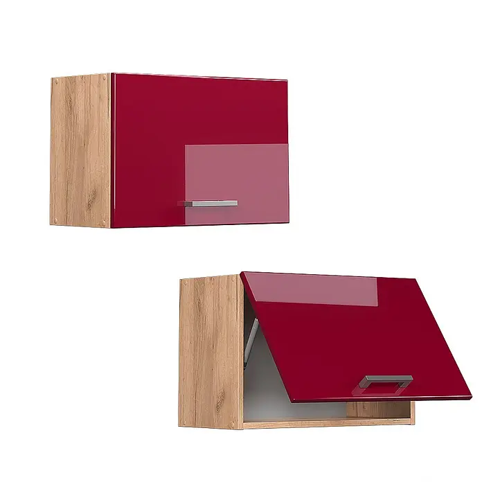 Vicco Schrankküche R-Line Rot Hochglanz Flach - Breite: 60 cm, Rot Hochglanz, Hängeschrank 60 cm (flach) - Zwei Hängeschränke mit roten Hochglanzfronten und hellen Holzseiten; einer geschlossen, einer offen mit Klapptür.