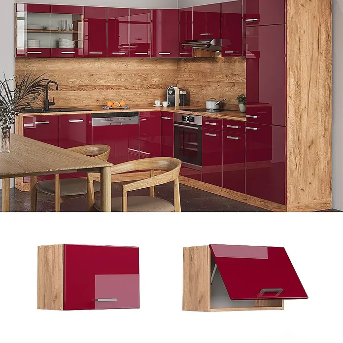 Vicco Schrankküche R-Line Rot Hochglanz Flach - Breite: 60 cm, Rot Hochglanz, Hängeschrank 60 cm (flach) - Moderne Küche mit hochglänzenden roten Schränken und Holzoptik-Elementen, inklusive einem Klappenschrank.