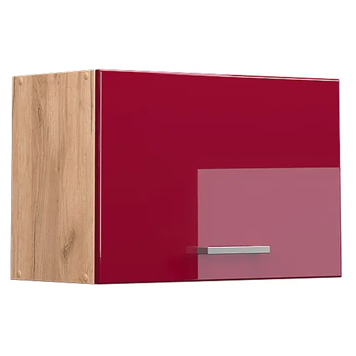 Vicco Schrankküche R-Line Rot Hochglanz Flach - Breite: 60 cm, Rot Hochglanz, Hängeschrank 60 cm (flach) - Roter Hochglanz-Wandschrank mit heller Holzmaserung und silbernem Griff.