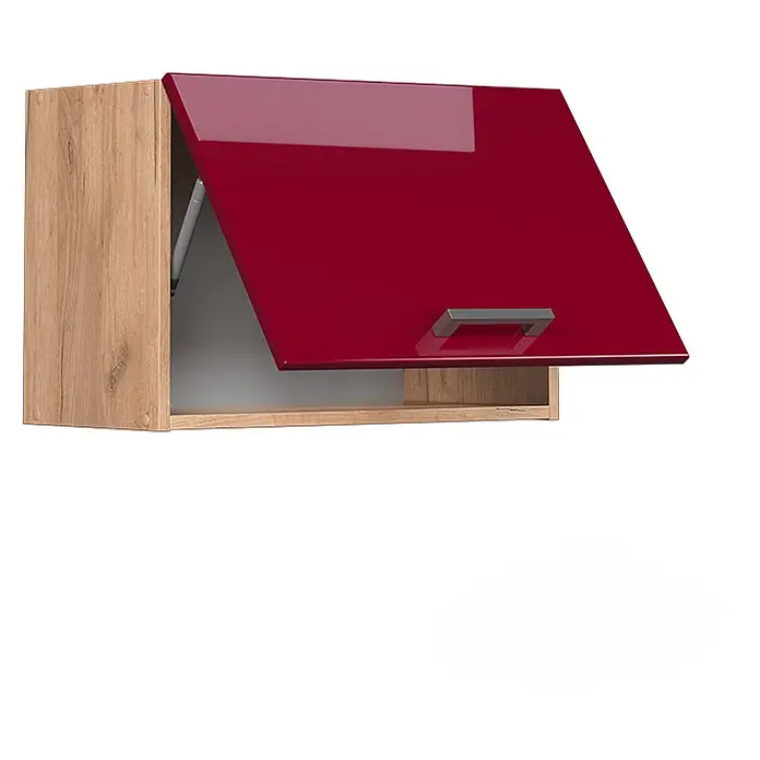 Vicco Schrankküche R-Line Rot Hochglanz Flach - Breite: 60 cm, Rot Hochglanz, Hängeschrank 60 cm (flach) - Wandschrank mit Holzrahmen und glänzender roter Lifttür mit grauem Griff.
