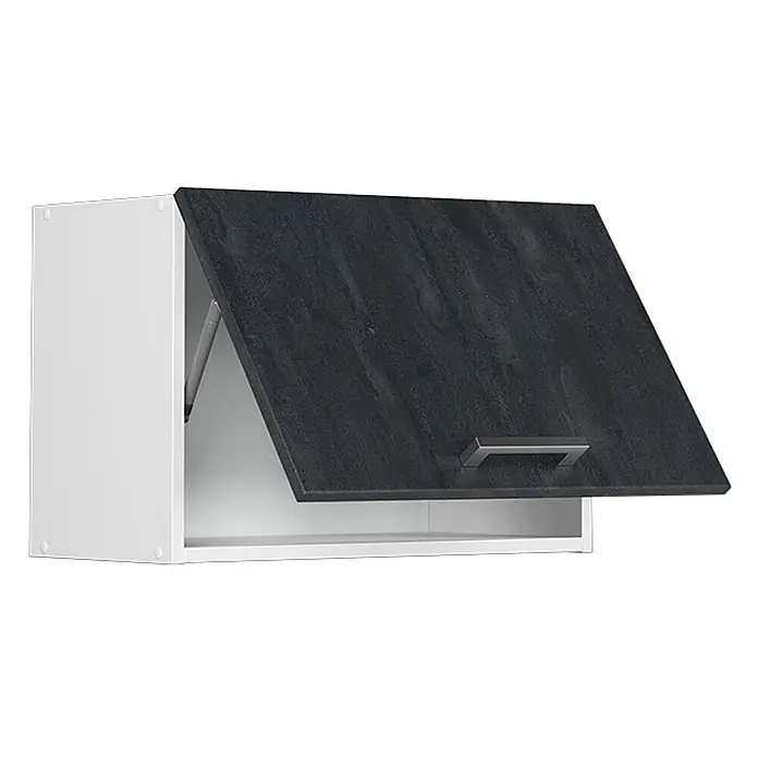 Vicco Schrankküche R-Line Schwarz Beton Flach - Schwarz Beton, Hängeschrank 60 cm (flach) - Weißer Küchenoberschrank mit dunkelgrauer, strukturierter Klapptür und silbernem Griff.