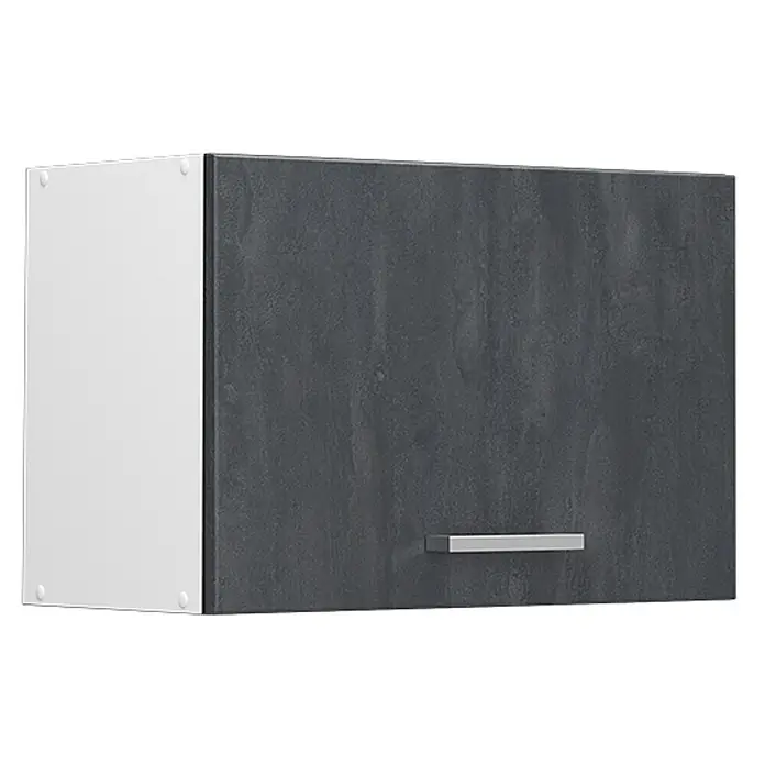 Vicco Schrankküche R-Line Schwarz Beton Flach - Schwarz Beton, Hängeschrank 60 cm (flach) - Weißer Küchenhängeschrank mit dunkelgrauer Betonoptik-Tür und silbernem Griff.