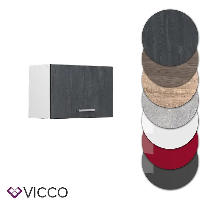 Vicco Schrankküche R-Line Schwarz Beton Flach - Schwarz Beton, Hängeschrank 60 cm (flach) - Dunkelgrauer Hängeschrank mit Griff und Farbmuster, die verschiedene Oberflächen zeigen.