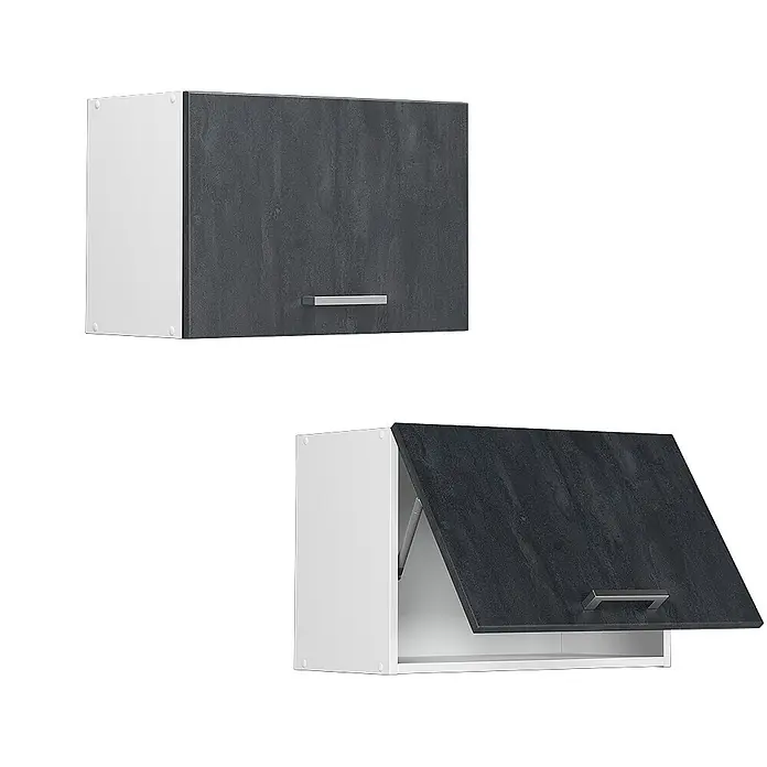 Vicco Schrankküche R-Line Schwarz Beton Flach - Schwarz Beton, Hängeschrank 60 cm (flach) - Weißer Küchenhängeschrank mit dunkelgrauer strukturierter Klapptür und silbernem Griff.