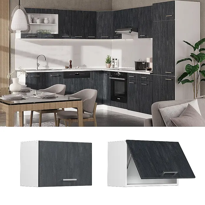 Vicco Schrankküche R-Line Schwarz Beton Flach - Schwarz Beton, Hängeschrank 60 cm (flach) - Dunkelgraue, holzgemaserte Küchenschränke mit weißen Elementen, in einer modernen Küche angeordnet.