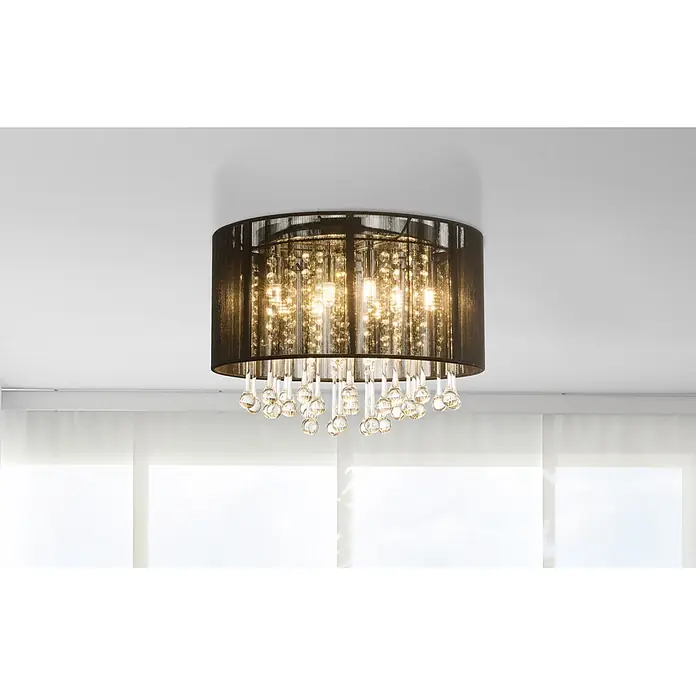 Globo LED-Deckenleuchte Bagana - Ø x H: 40 x 29 cm - Schwarze Deckenleuchte mit Netzschirm und hängenden klaren Kristalltropfen, warm leuchtend.