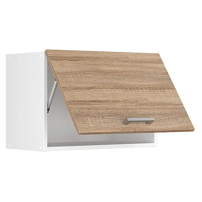 Vicco Schrankküche R-Line Sonoma Flach - Sonoma, Hängeschrank 60 cm (flach) - Weißer Hängeschrank mit offener, heller Holztür und silbernem Griff, ausgestattet mit Gasdruckfeder.