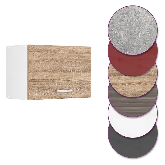 Vicco Schrankküche R-Line Sonoma Flach - Sonoma, Hängeschrank 60 cm (flach) - Küchenhängeschrank mit heller Holztür, weißem Rahmen und Griff. Farbmuster zeigen alternative Ausführungen.