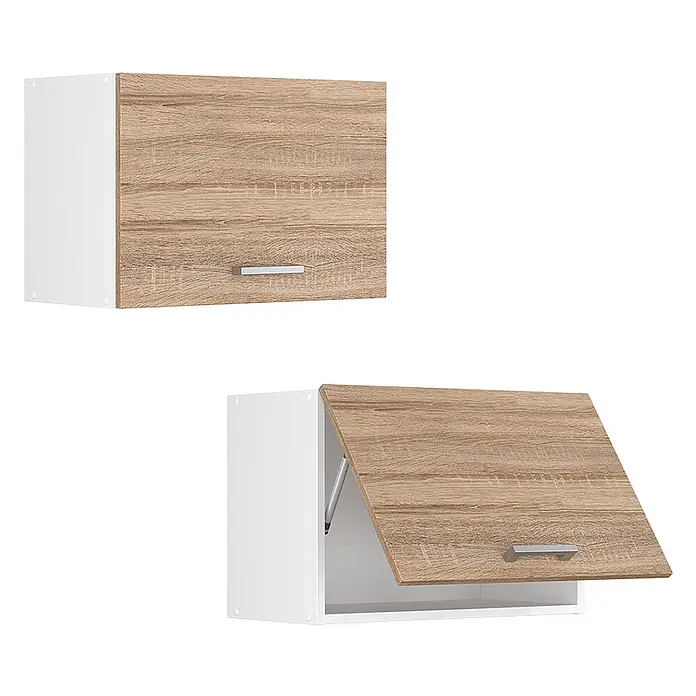 Vicco Schrankküche R-Line Sonoma Flach - Sonoma, Hängeschrank 60 cm (flach) - Weißer Wandschrank mit einer hellen Holzmaserung-Klapptür, geschlossen und geöffnet dargestellt, um den Gasfeder-Mechanismus zu zeigen.