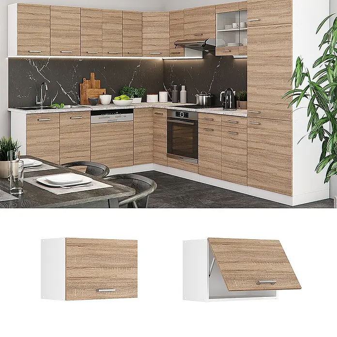 Vicco Schrankküche R-Line Sonoma Flach - Sonoma, Hängeschrank 60 cm (flach) - Moderne L-förmige Küchenzeile mit hellen Holzmaserungsschränken, weißen Arbeitsplatten und integrierten Geräten. Mit Wand- und Unterschränken.