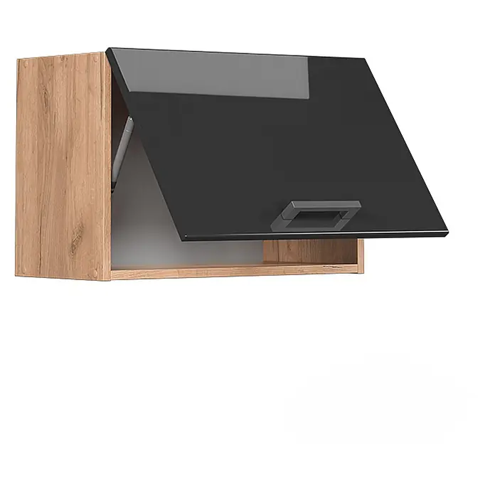 Vicco Schrankküche R-Line Anthrazit Hochglanz Flach - Anthrazit Hochglanz, Hängeschrank 60 cm (flach) - Wandhängeschrank in Holzoptik mit schwarzer Hochglanz-Klapptür und grauem Griff.