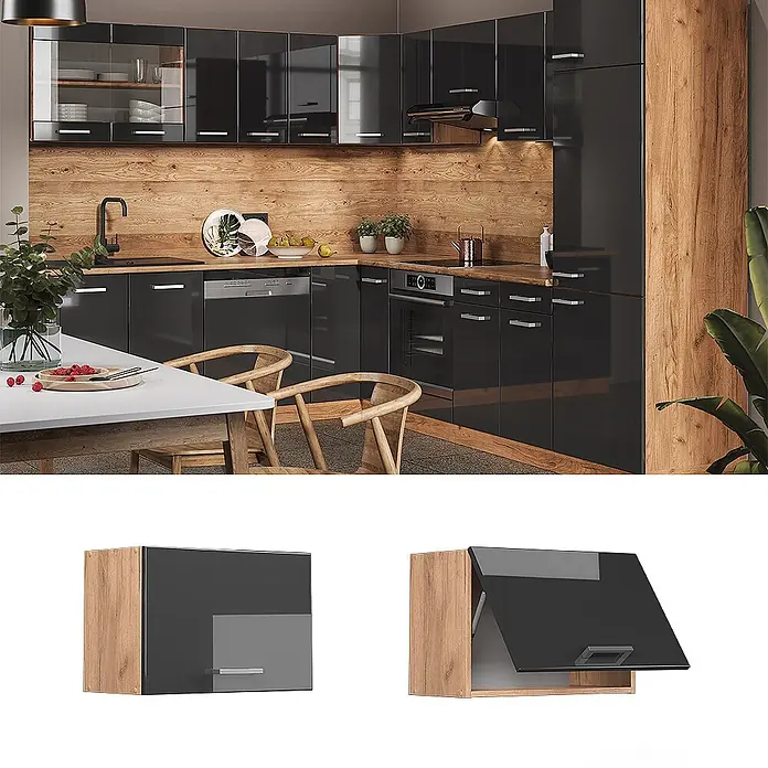 Vicco Schrankküche R-Line Anthrazit Hochglanz Flach - Anthrazit Hochglanz, Hängeschrank 60 cm (flach) - Modularer Küchenwandschrank mit schwarzer Hochglanztür und Holzoptikrahmen, geschlossen, offen und in einer Küche installiert.