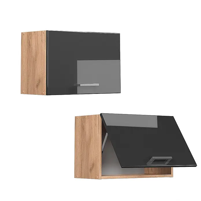 Vicco Schrankküche R-Line Anthrazit Hochglanz Flach - Anthrazit Hochglanz, Hängeschrank 60 cm (flach) - Zwei Küchen-Oberschränke, einer geschlossen, einer offen, mit hellen Holzseiten und dunkelgrauer Hochglanz-Klapptür mit silbernem Griff.