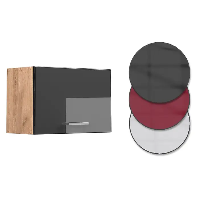 Vicco Schrankküche R-Line Anthrazit Hochglanz Flach - Anthrazit Hochglanz, Hängeschrank 60 cm (flach) - Wandschrank mit Holzoptik-Korpus, dunkelgrauer Hochglanzfront und Griff. Zeigt dunkelgraue, bordeauxrote, weiße Farboptionen.