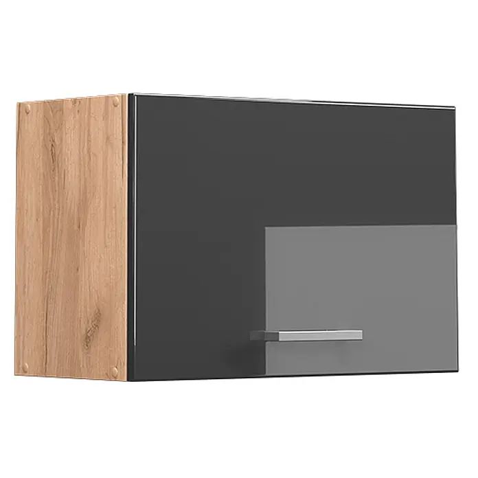 Vicco Schrankküche R-Line Anthrazit Hochglanz Flach - Anthrazit Hochglanz, Hängeschrank 60 cm (flach) - Hängeschrank mit Holzseitenwand und zweifarbig grauer Front mit Metallgriff.