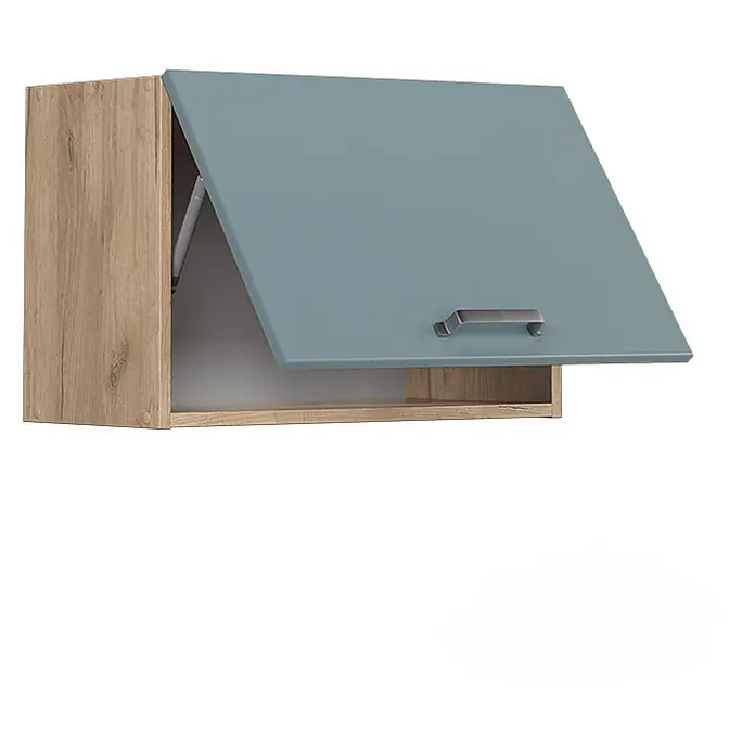 Vicco Schrankküche R-Line Blau-Grau Flach - Blau-Grau, Hängeschrank 60 cm (flach) - Hängeschrank mit heller Holzseite und offener blaugrauer Tür, zeigt Liftmechanismus.