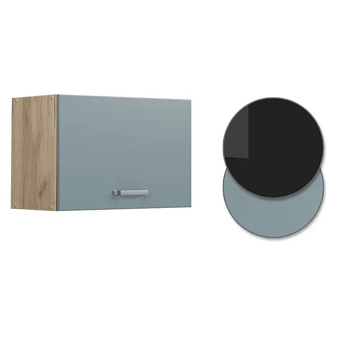 Vicco Schrankküche R-Line Blau-Grau Flach - Blau-Grau, Hängeschrank 60 cm (flach) - Küchenoberschrank mit hellblau-grauer Tür und Holzoptik-Seitenwand, silberner Griff.